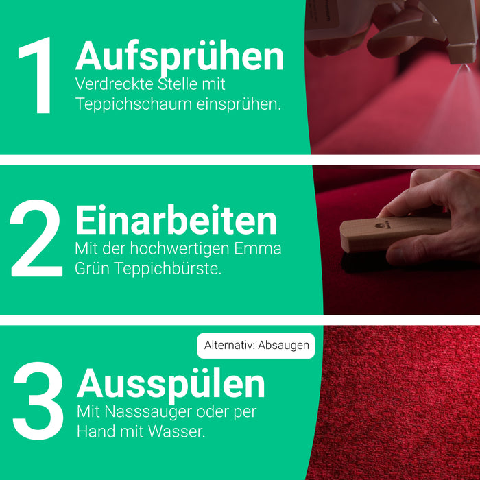 Kraftvoller Teppich Fleckenentferner mit Panamarinde, Teppichreiniger Schaum 500ml, Teppichshampoo inkl. Scheuerbürste Made in Germany, schonend & tierfreundlich