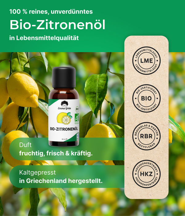 Bio-Zitronenöl 30ml, hochkonzentriert, zertifiziert als Lebensmittel